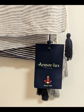 Armor Lux Navy and Cream Striped Scarf with Tassels